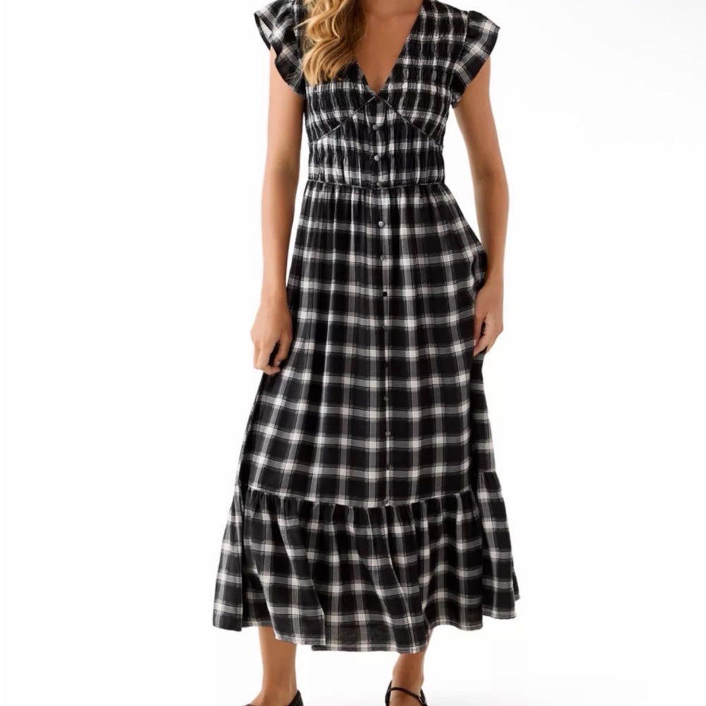 Black and White Plaid Maxi Dress with Button-Front and Tiered Hem